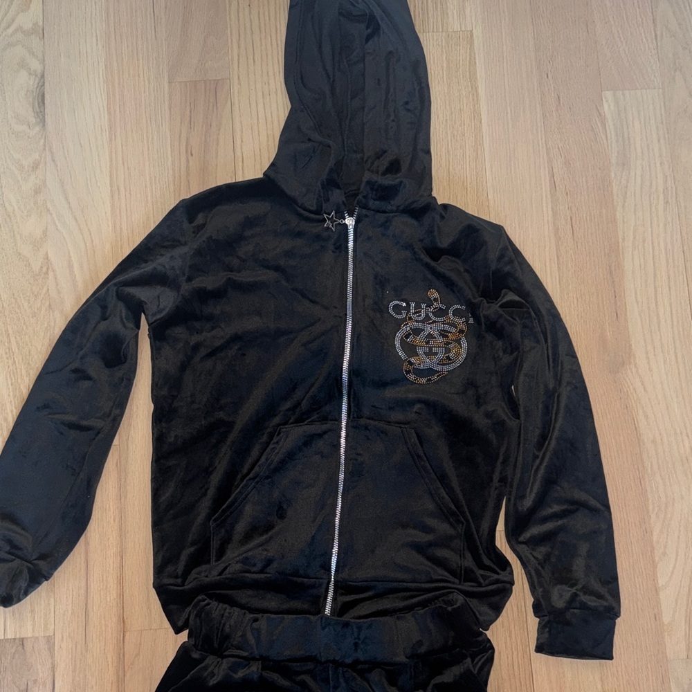 Black Velour Zip-Up Hoodie with Embroidered Logo Accent